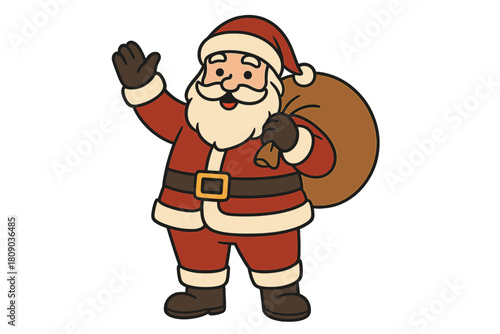 Jolly Santa Icon. Jolly Santa Claus icon, waving with a sack of presents slung over his shoulder. His rosy cheeks and twinkling eyes convey warmth and generosity.. Vector illustration