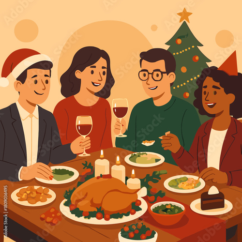Festive Holiday Gathering. Colleagues are gathered around a table, enjoying a holiday feast. The table is laden with festive dishes, candles, and decorations,. Vector illustration