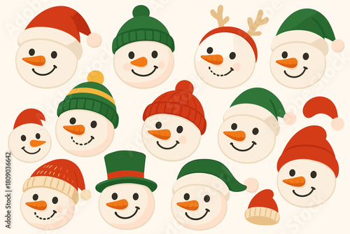 Festive Snowman Faces. Cheerful snowman faces with carrot noses and coal eyes, each donning a different festive hat. The snowmen are arranged in a playful pattern,. Vector illustration