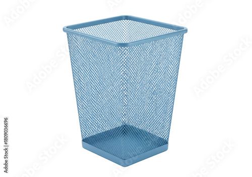 Isolated metal mesh trash can, powder-coated steel wire waste bin in light blue color
