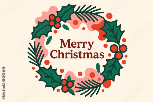 Modern Christmas Wreath. Modern Christmas wreath illustration, combining holly, pine needles, and abstract shapes in a vibrant color palette of red, green, and pink.. Vector illustration