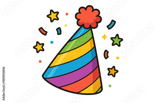 Festive Party Hat. Vibrant party hat with colorful stripes and a fluffy pom-pom on top, surrounded by floating confetti and stars. The hat is tilted slightly, adding. Vector illustration