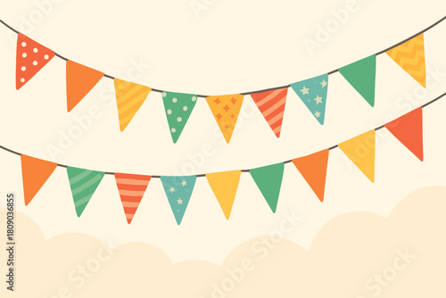 Festive Bunting Decoration. String of festive bunting stretches across the scene, adorned with various patterns and colors. The triangular flags flutter gently in an. Vector illustration