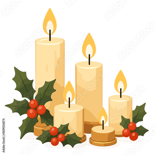 Holiday Candle Serenity. Array of holiday candles, each emitting a gentle glow. The candles vary in height and are decorated with holly leaves, berries, and golden. Vector illustration