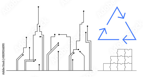 Urban design. Digital circuit buildings highlight urban tech innovations. Urban design intertwines recycling symbol for sustainability and puzzle concept for interconnectedness. Ideal for smart