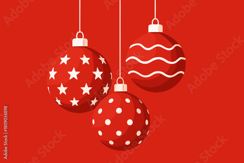 Festive Christmas Baubles. Trio of Christmas baubles hangs elegantly, adorned with subtle patterns. They are set against a bold red background, creating a striking. Vector illustration