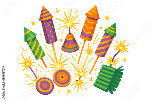 Colorful Diwali Firecrackers. A collection of colorful Diwali firecrackers, including rockets and spinning wheels, arranged in a lively cluster. The composition is. Vector illustration