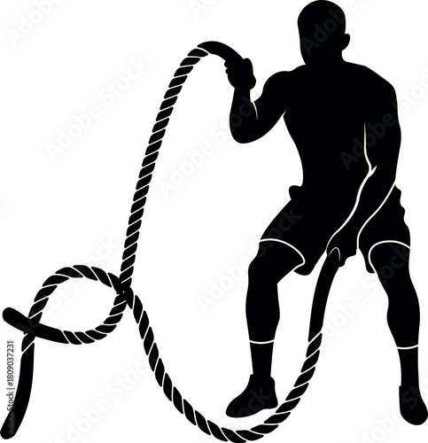 Battle Rope Workout Silhouette — Fitness Man Training with Heavy Rope on White Background