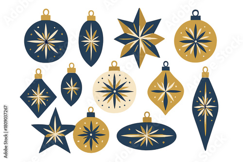 Festive Holiday Icons. Set of festive holiday icons featuring various geometric-patterned ornaments. The collection includes different shapes and sizes, each adorned. Vector illustration