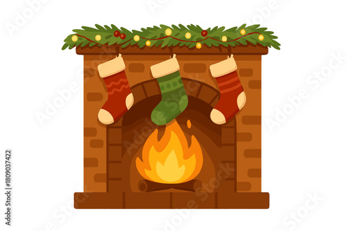 Cozy Christmas Fireplace. Cozy fireplace scene with stockings hanging from the mantle, ready for Christmas Eve. The fire crackles warmly, casting a soft glow on the. Vector illustration