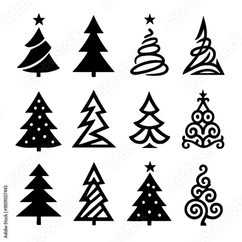 Abstract Christmas Trees. Collection of abstract Christmas tree designs with varying heights and widths. The icons are aligned in a grid, combining minimalist and. Vector illustration