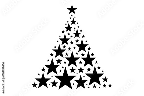 Starry Christmas Tree. Christmas tree formed by a variety of black stars arranged in a triangular shape. Larger stars are concentrated at the base, gradually getting. Vector illustration