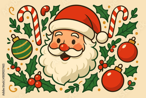 Whimsical Santa Cheer. Whimsical Santa Claus face surrounded by festive elements like candy canes, baubles, and holly leaves. His rosy cheeks and jolly expression. Vector illustration