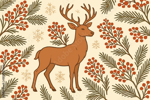 Majestic Winter Deer. Majestic deer stands gracefully among pine branches and clusters of red berries, creating a serene winter scene. Snowflakes are scattered. Vector illustration