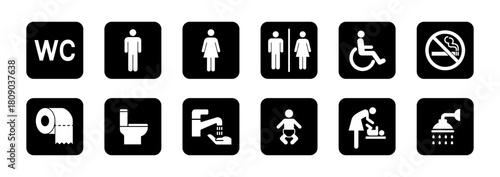 Toilet icon set. WC and Public bathroom symbol. Washroom sign. Vector illustration.