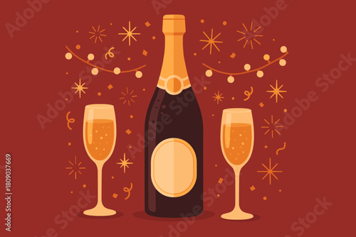 Celebratory Champagne Scene. Bottle of champagne with two filled flutes, positioned centrally against a deep red background. The bottle is decorated with subtle. Vector illustration