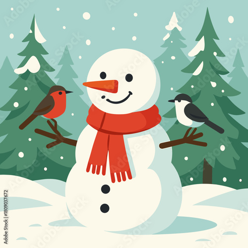 Snowman in Winter Wonderland. Snowman stands in a snowy forest clearing, adorned with a bright red scarf and a carrot nose. Birds perch on its arms, adding charm and. Vector illustration