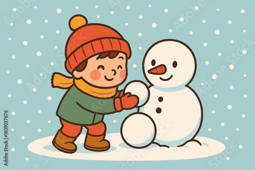 Child Builds Snowman. Whimsical illustration of a child building a snowman, surrounded by a flurry of softly falling snowflakes. The child, bundled in colorful. Vector illustration