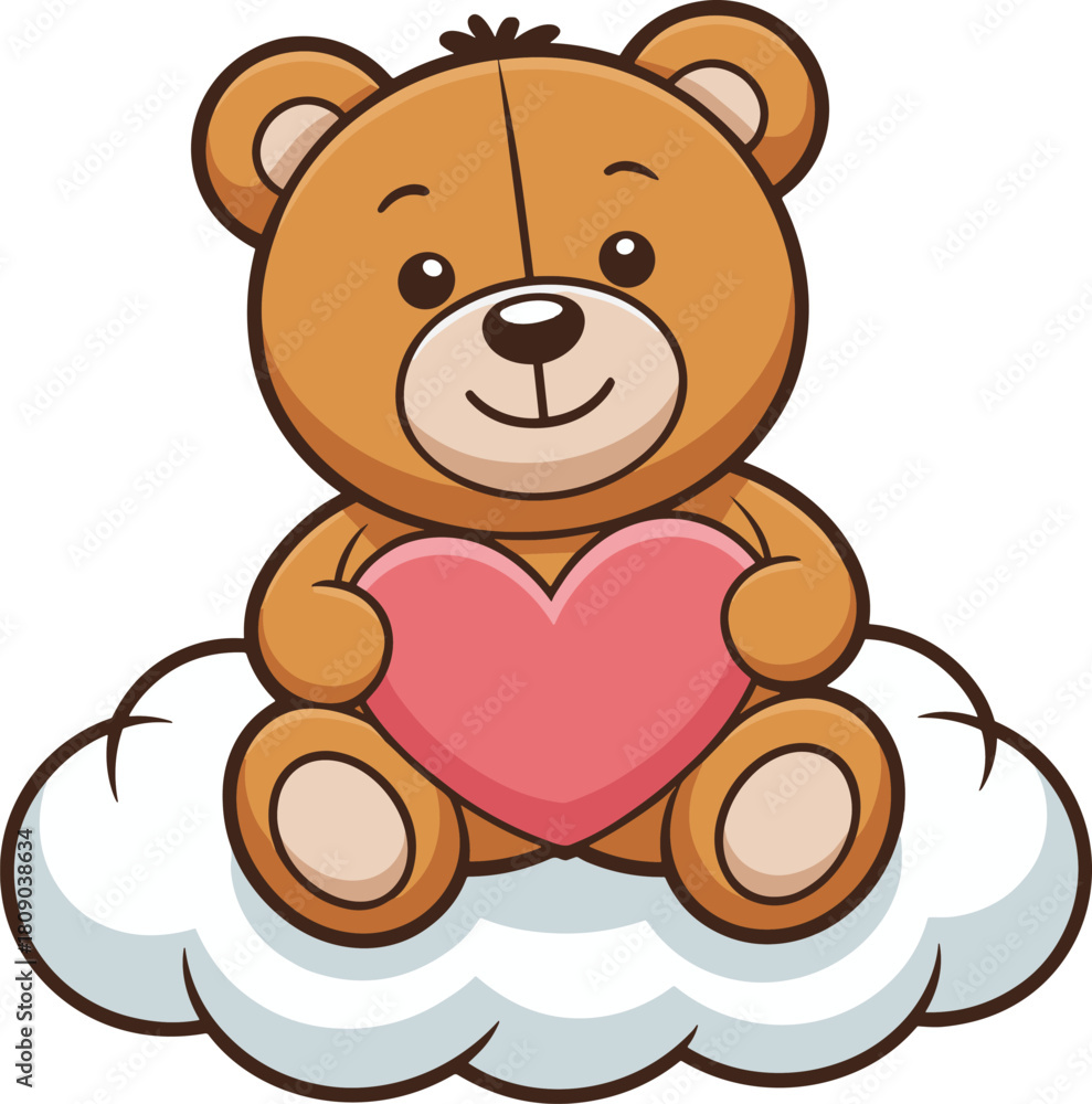 Obraz premium Cartoon teddy bear holding pink heart on white clouds