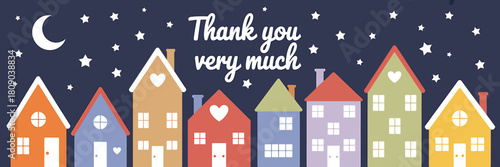 Thank you message with colorful houses under starry night sky