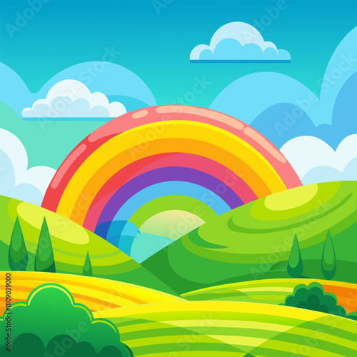 A vibrant rainbow arches over rolling green hills on a sunny day