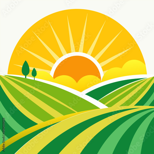 Scenic countryside landscape with rolling green hills and a radiant sun