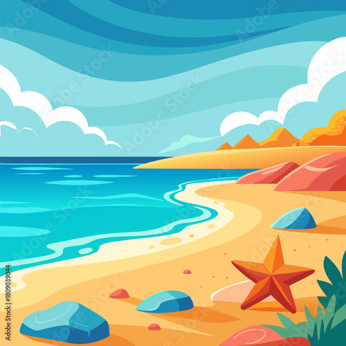 A serene beach scene with starfish, sand, and blue water
