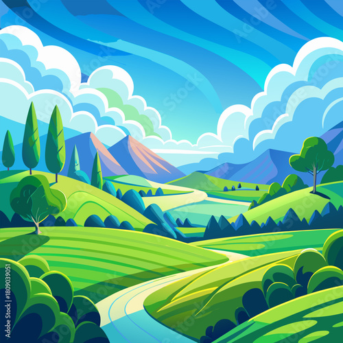 Vibrant countryside landscape with rolling hills, river, and cloudy sky