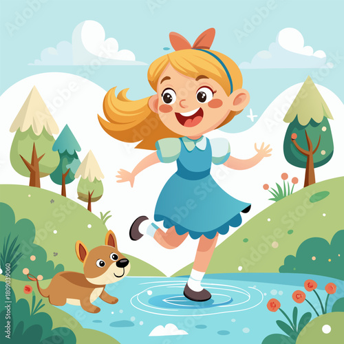 Girl playing in puddle with dog in a whimsical outdoor setting