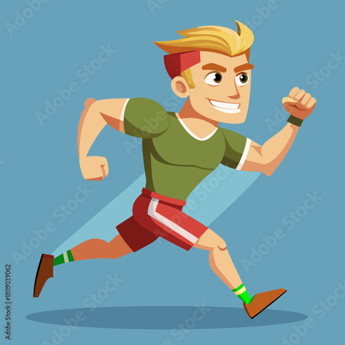 Cartoon man running fast with a determined look on a blue background