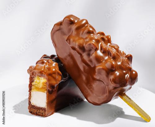 Delicious chocolate-covered ice cream bars with crunchy topping in bright light