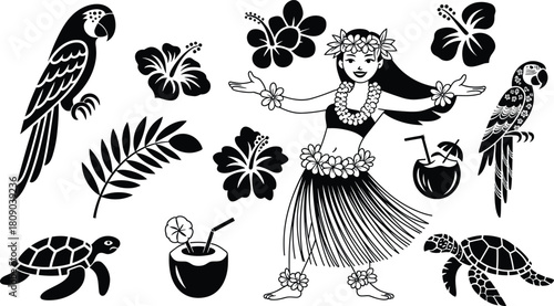 Hawaiian dancer parrots hibiscus flowers and coconuts