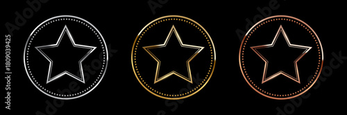 Golden, silver, bronze circle frames on black. Metallic round borders with dotted edge and five point star. Elegant minimal design for badge, button, or emblem. Luxury vector illustration.