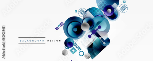 Abstract geometric shapes, circles, squares, blue tones dominate design. Modern composition, dynamic elements create visual interest.
