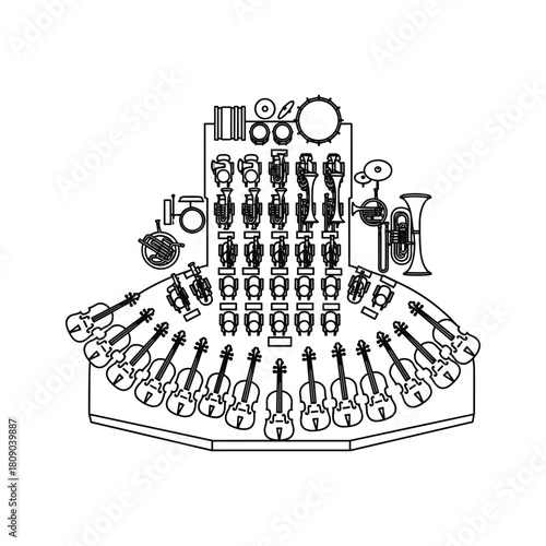 Top view of a stage with musical instruments isolated on