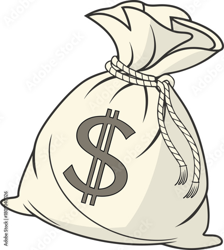 Isolated jute money bag with imprinted dollar symbol, clean 3D vector style, high-resolution, smooth texture, realistic woven jute details, premium professional look, no background.