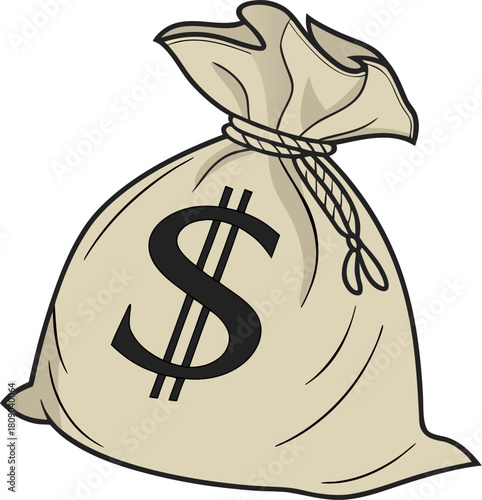 3D vector jute money bag with printed dollar sign, detailed woven texture, clean and sharp, isolated with no background.