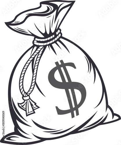 High-quality vector illustration of a jute money bag featuring a dollar symbol, realistic texture, smooth shading, isolated on transparent background.
