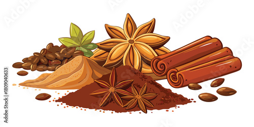 Spices cinnamon star anise coffee beans powder flavor aroma culinary ingredient food