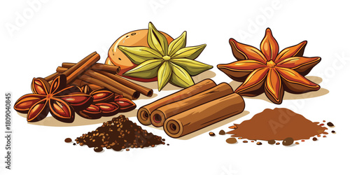 Spices cinnamon star anise nutmeg clove powder cooking baking flavoring aroma scent