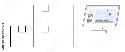 Stacked boxes with a monitor displaying inventory data. Ideal for logistics, e-commerce, automation, business efficiency, technology, stock management, supply chain. Simple flat metaphor