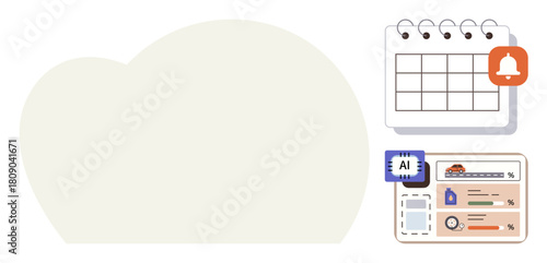 Calendar with notification, AI chip, data charts, and icons representing technology, planning, automation, and analytics. Ideal for productivity, innovation organization digital tools efficiency