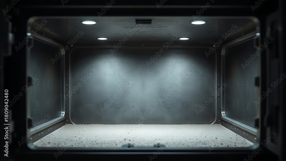 Obraz premium vault. Open, empty safe with dust inside, dim light on metallic surfaces. pitch deck slides, case study pages, designed for enterprise HRIS and productivity software interfaces.