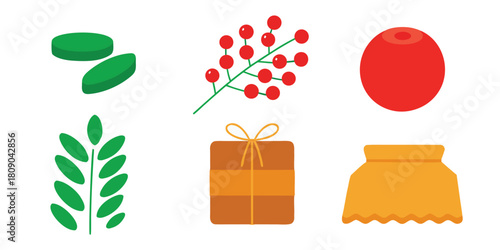 Green leaves red berries gift box orange skirt nature holiday celebration design