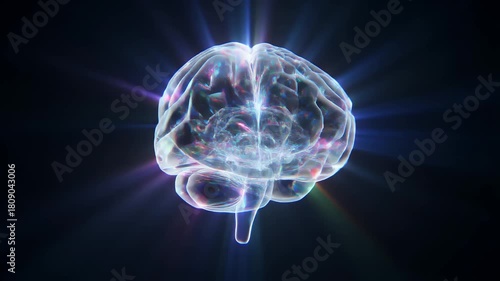 Abstract transparent brain with glowing energy on black background