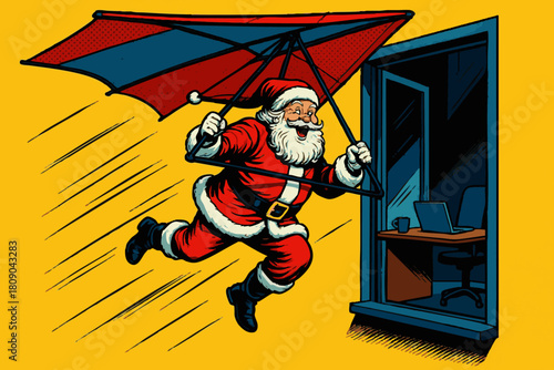 Santa using a hang glider to escape an office, symbolizing holiday escape or work-life balance. Generative ai vector colorful pop art illustration.