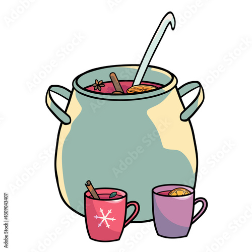 mulled wine cauldron and two mugs
