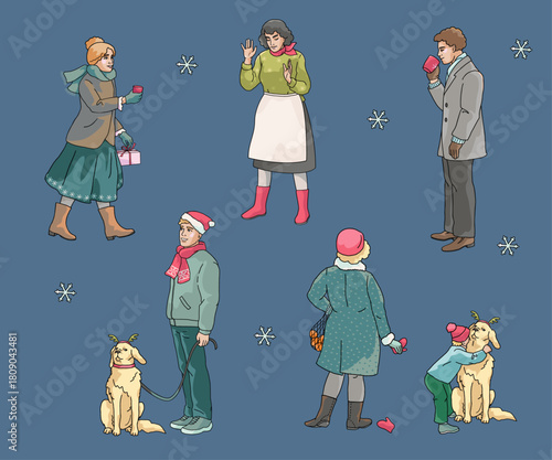 Standing isolation  people enjoying hot drinks on Christmas market, vendor in apron, women,  men, kid with dog