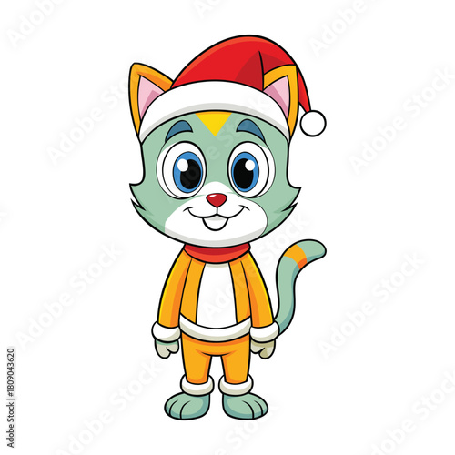 A cat with Santa hat cartoon style