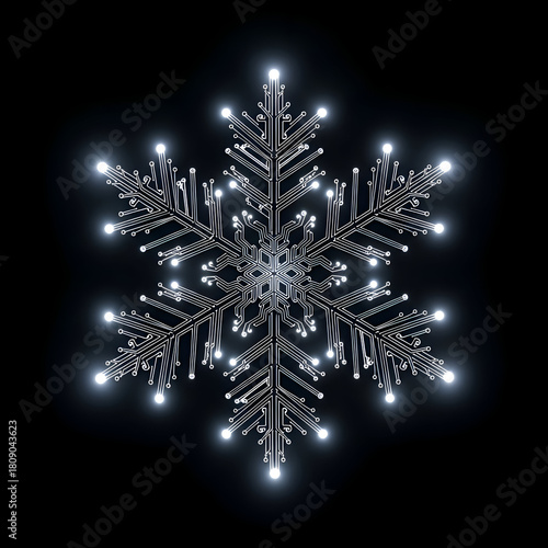 Glowing snowflake with intricate details and bright illumination on black